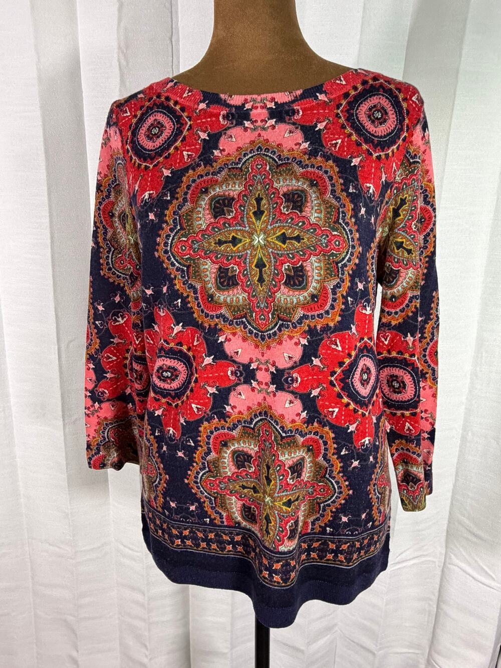 Talbots Merino Wool Sweater Womens Medium Navy Pink Paisley Medallion 3/4 Sleeve